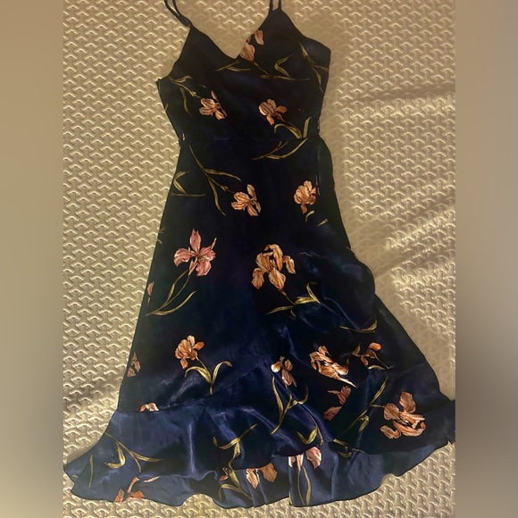 Lumiere Navy Floral Printed Satiny Wrap Dress with Ruffle Detail - Picture 4 of 9